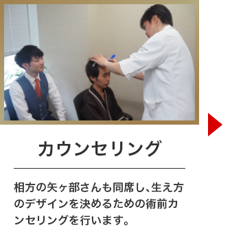 カウンセリング。相方の矢ヶ部さんも同席し、生え方のデザインを決めるための術前カンセリングを行います。