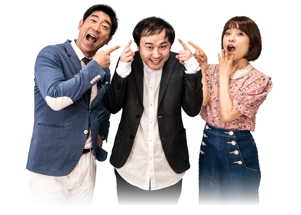 植毛施術完了後の高松とMC原口とMCみひろの写真