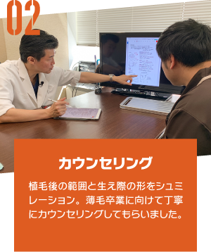 カウンセリング 植毛後の範囲と生え際の形をシュミレーション。薄毛卒業に向けて丁寧にカウンセリングしてもらいました。